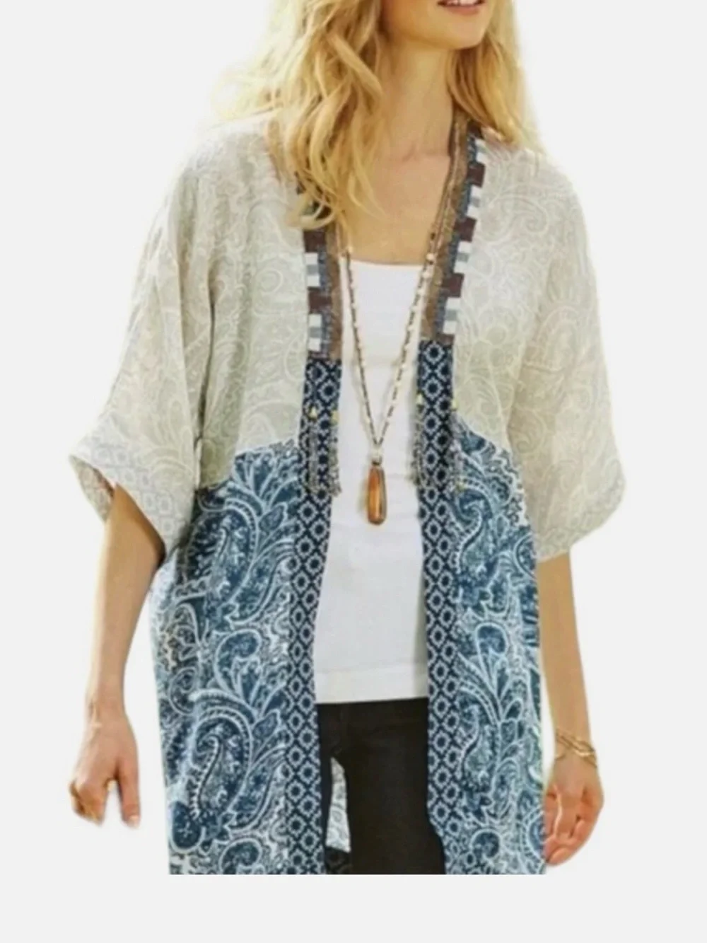 Soft Surroundings “Still Waters” linen kimono topper with beads Sz S/M - Picture 1 of 8